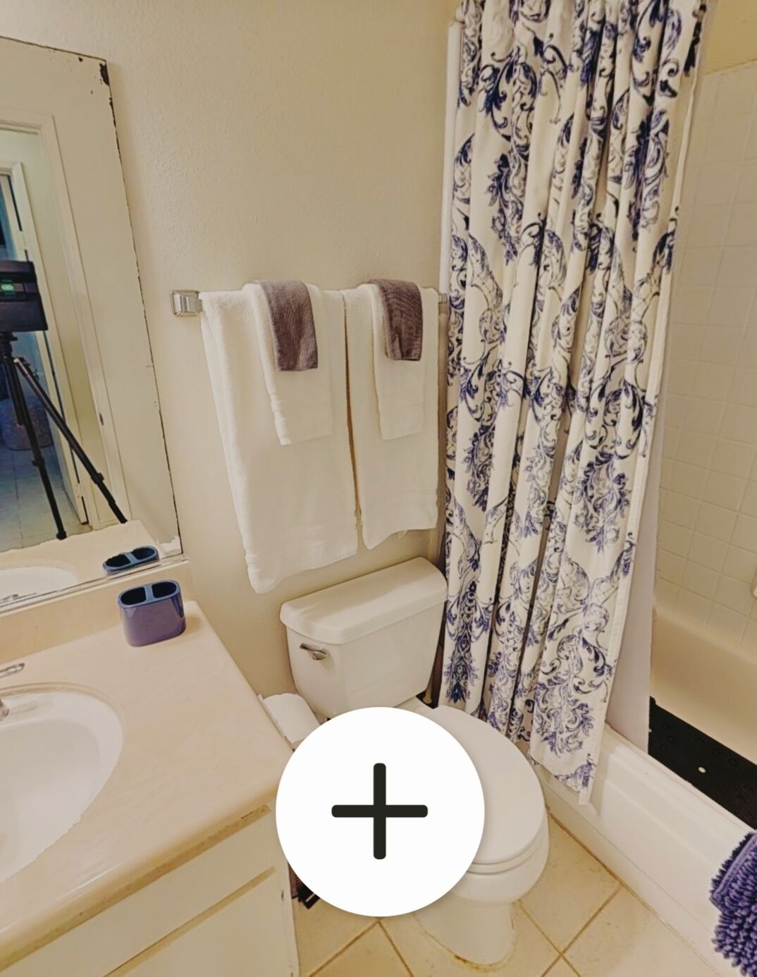 Ein Badezimmer mit Toilette, Waschbecken, Spiegel und Duschvorhang.