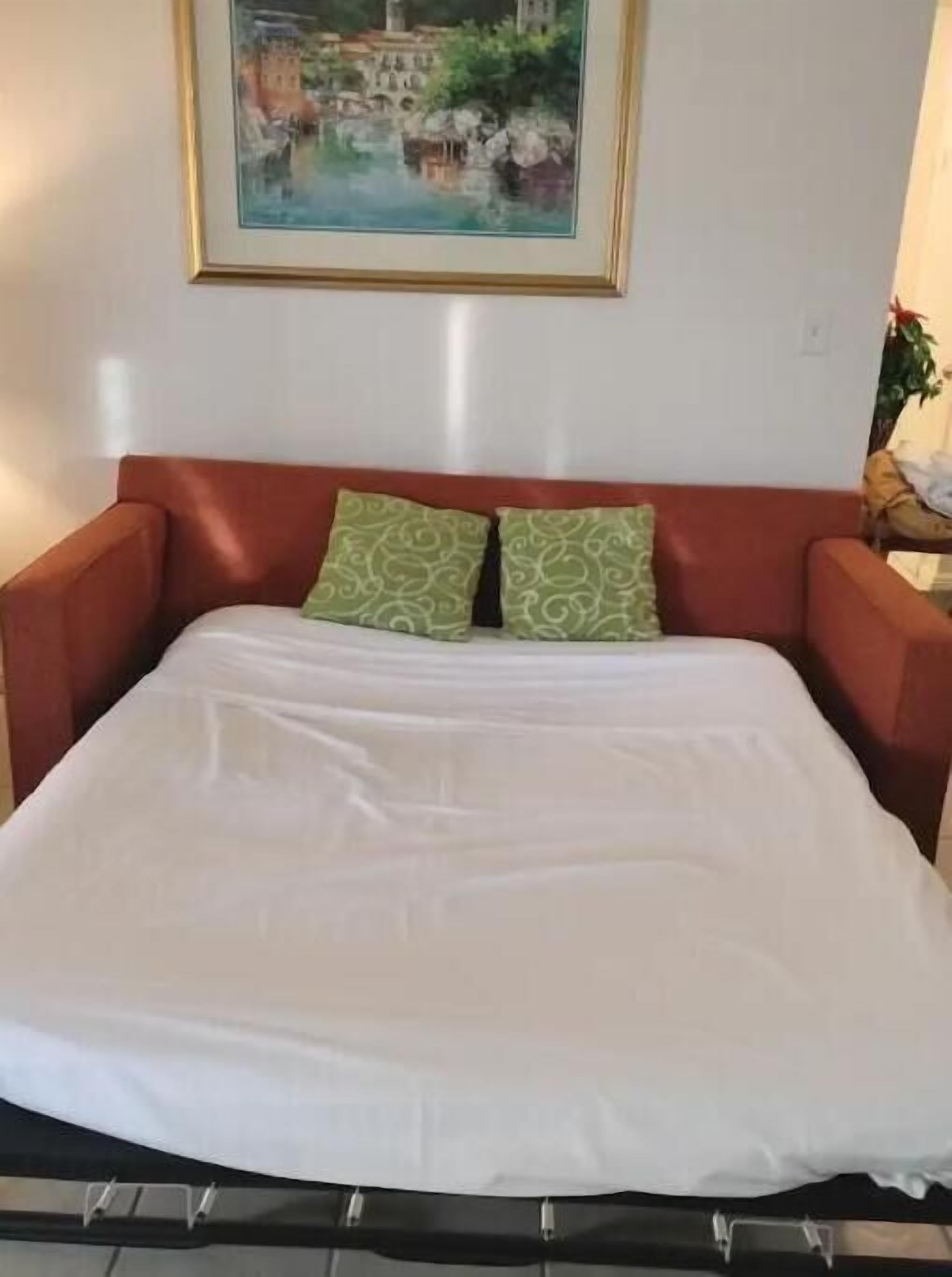 Un lit avec une literie blanche et deux coussins verts à motifs, un canapé rouge et un tableau encadré au-dessus du canapé.