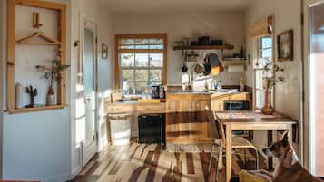 Una cucina compatta con mobili in legno, un'area pranzo con tavolo e sedie, un cane seduto vicino alla finestra e diversi utensili e elettrodomestici da cucina.