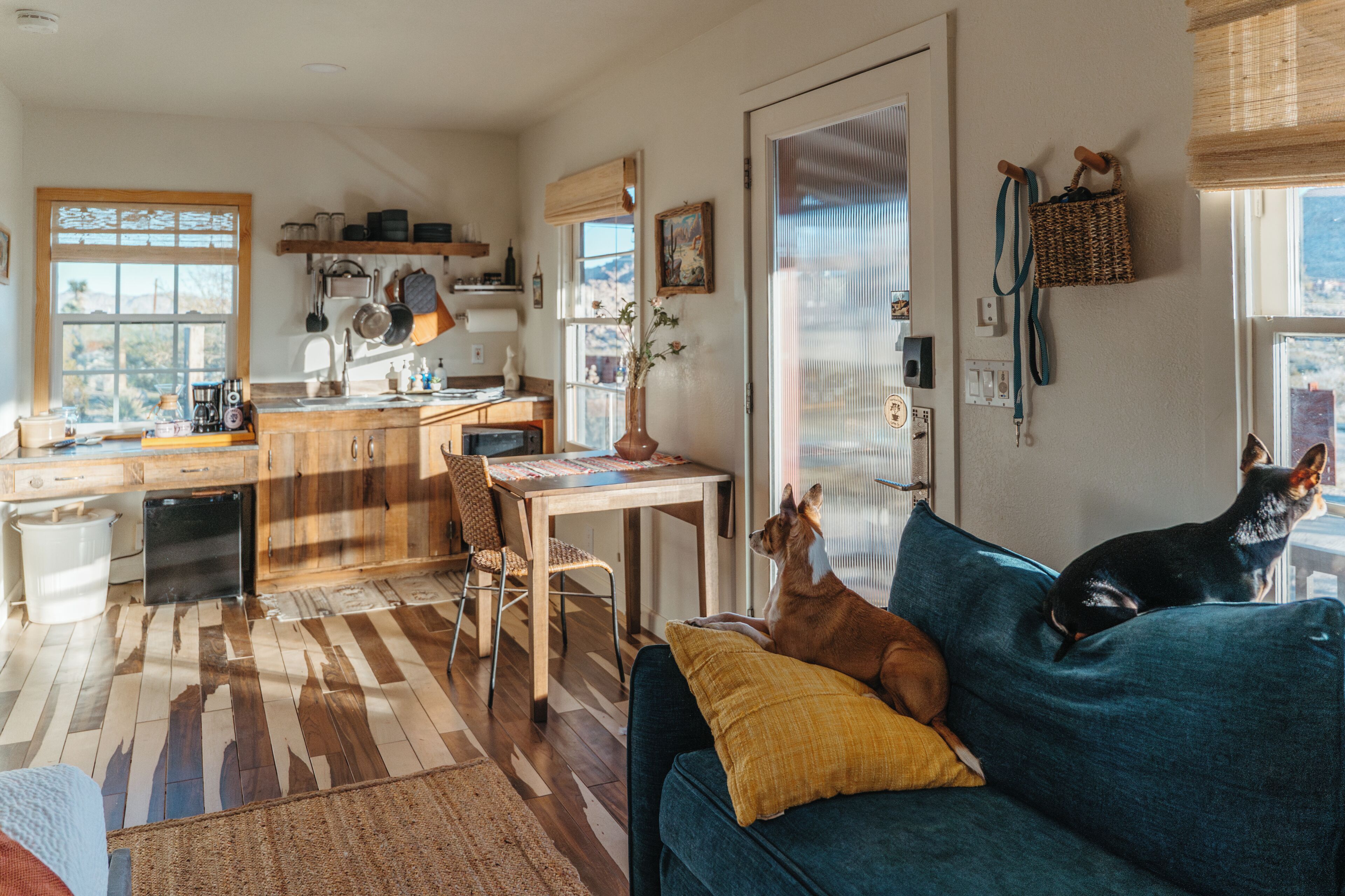 Un salón acogedor con un sofá azul, una mesa de comedor y una zona de cocina con armarios de madera y una ventana.