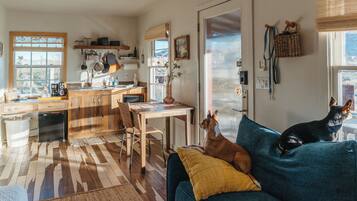 Un salón acogedor con un sofá azul, una mesa de comedor y una zona de cocina con armarios de madera y una ventana.