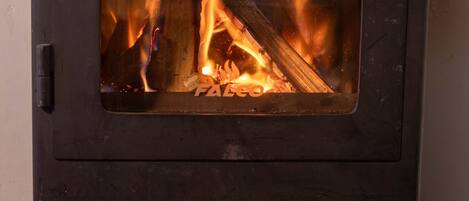 A wood-burning stove with visible flames and logs inside.
