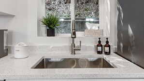 A kitchen with a large sink, a potted plant, and two soap bottles on the counter. - Private Mountainside Home - close to hiking trails and rivers. (Chilliwack)