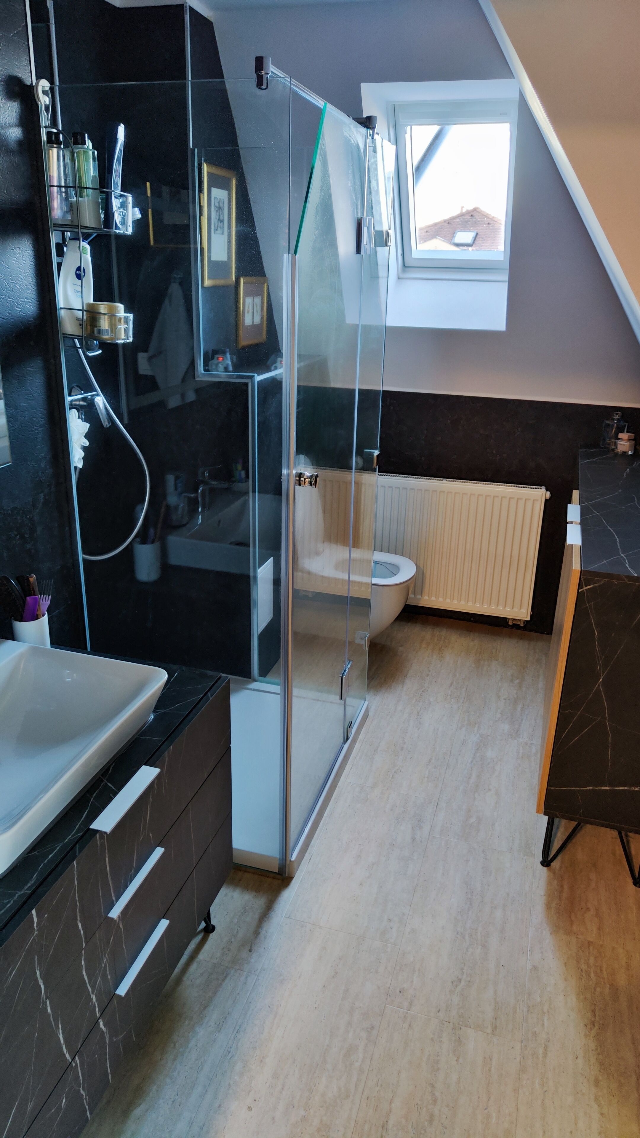 A modern bathroom with a glass shower enclosure, a toilet, and a sink.
