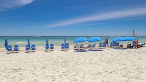 A beach with rows of blue beach chairs and umbrellas, a clear sky, and the ocean in the background. - Sterling Shores (Destin)