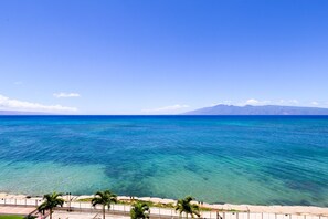 A coastal view with clear blue water, a distant mountain, and a paved walkway with palm trees. - Hololani Resort (Lahaina)
