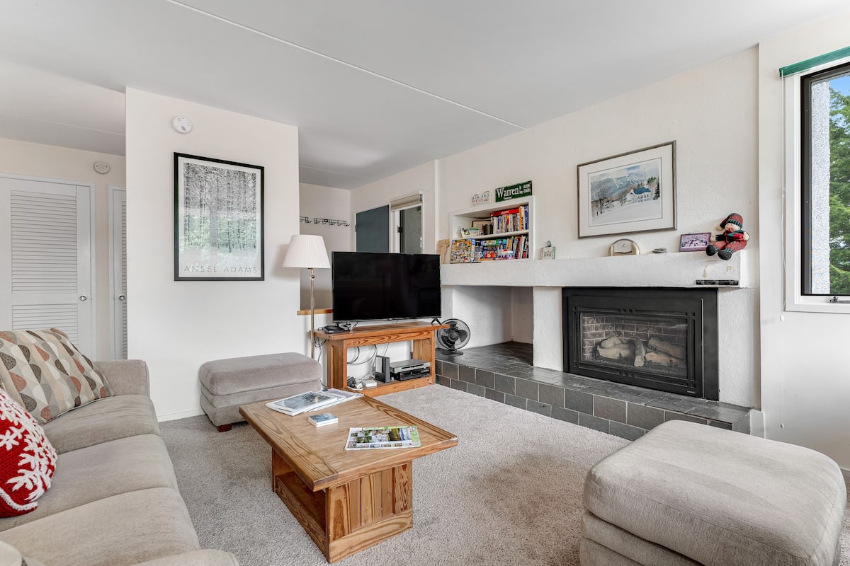 A living room with a fireplace, a television, and a bookshelf.