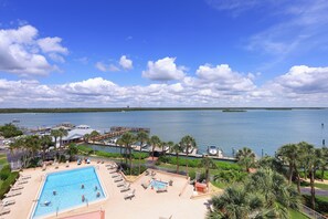 A pool area with a view of the water, palm trees, and a dock.