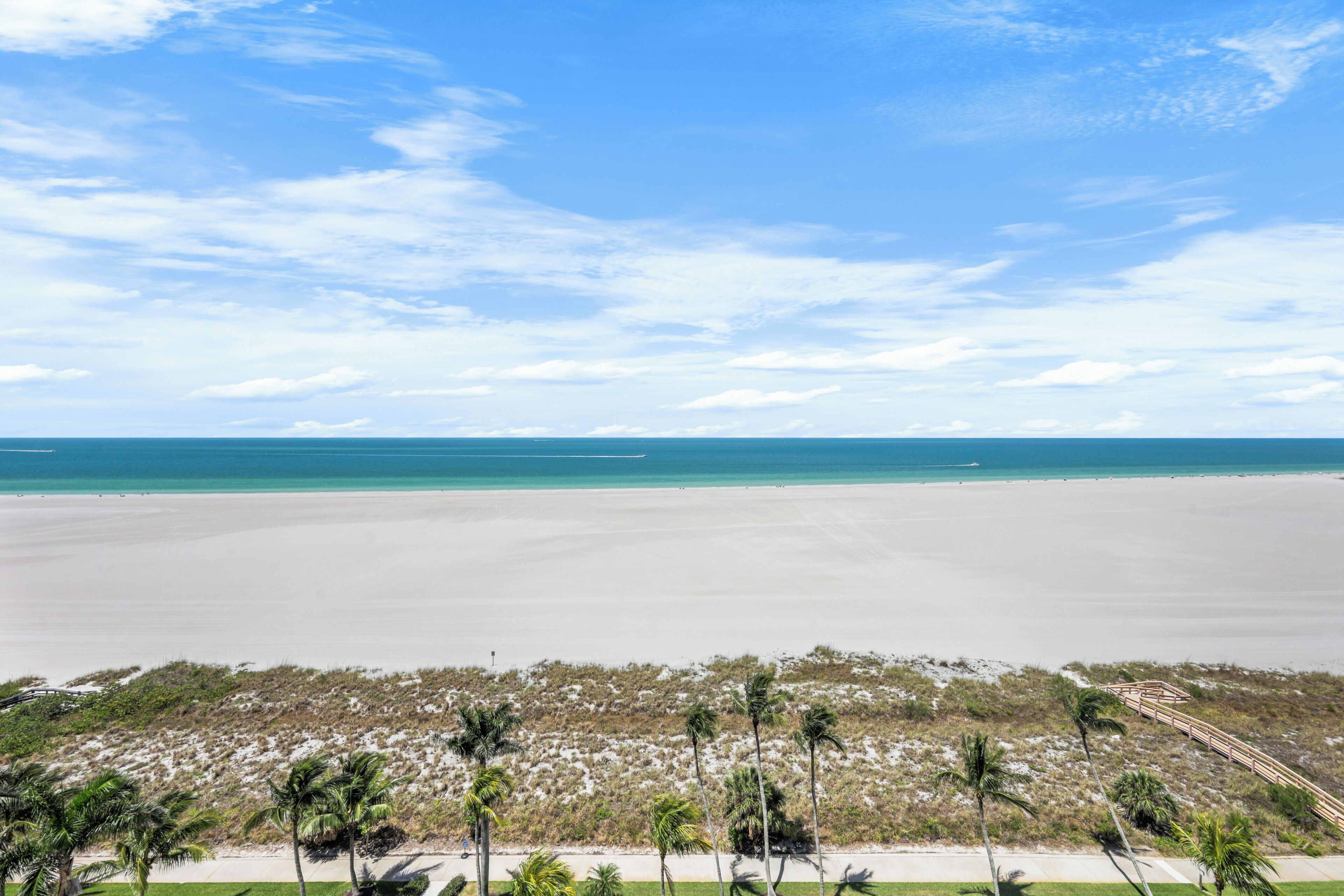 Een strand met heldere lucht, zandstrand en palmbomen.