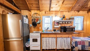A compact kitchen with a stainless steel refrigerator, white stove, and a microwave.