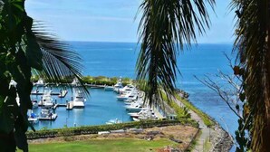 A marina with boats docked, surrounded by greenery and a clear view of the ocean. - Ocean Sounds Private Apt for couples! Marina view (QUEPOS)