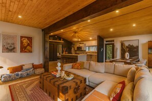 Smart-TV, Kamin, Bücher, Stereoanlage