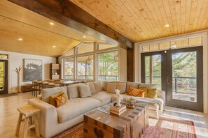 Smart TV, fireplace, books, stereo