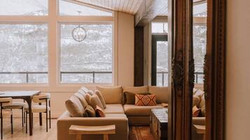 Smart TV, fireplace, books, stereo