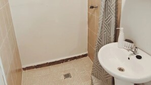 Une salle de bain avec une douche, un lavabo et un porte-serviettes.