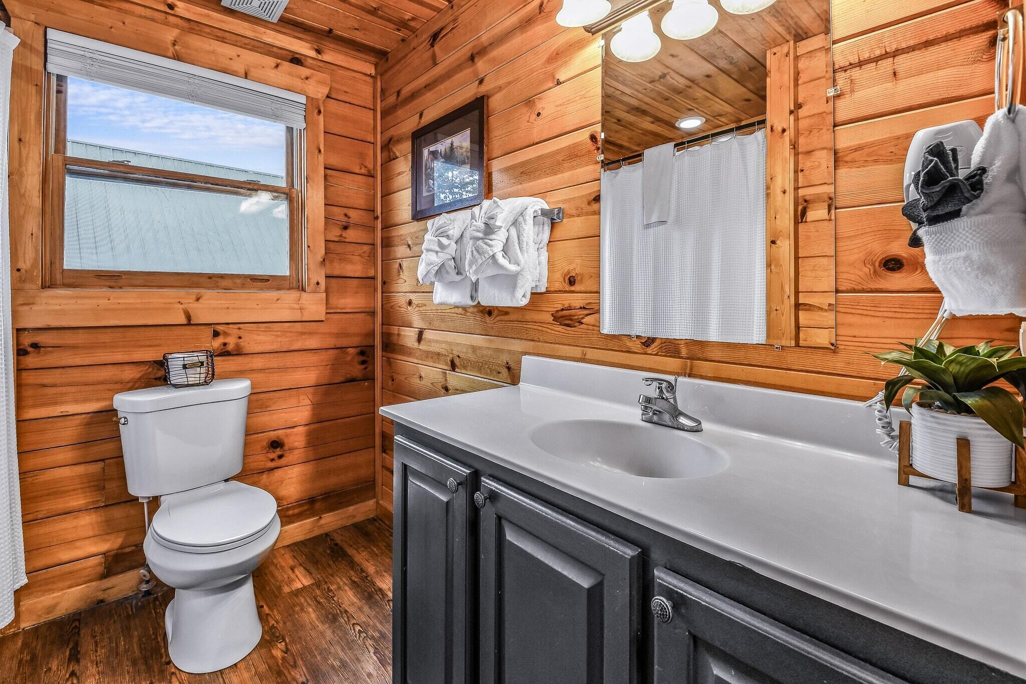 Une salle de bain rustique, aménagée dans une cabane en bois, avec des toilettes, un lavabo et un miroir.