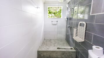 Shower, towels, soap, shampoo