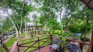 A wooden deck with two chairs and a table, surrounded by lush greenery and trees. - Cosy, personal, family-friendly nature retreat surrounded by trees and fresh air (Aburi)