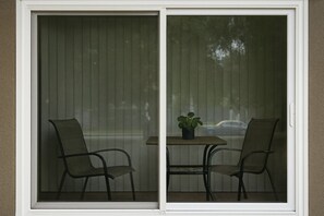 A room with a sliding glass door, two chairs, a small table, and a potted plant.