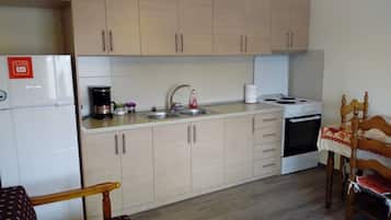 Fridge, oven, coffee/tea maker, electric kettle