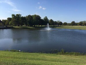 Un lac paisible avec une fontaine, entouré d’arbres et bordé d’une zone herbeuse.