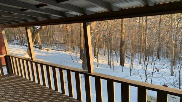 Una terraza de madera con barandilla que da a un bosque nevado.