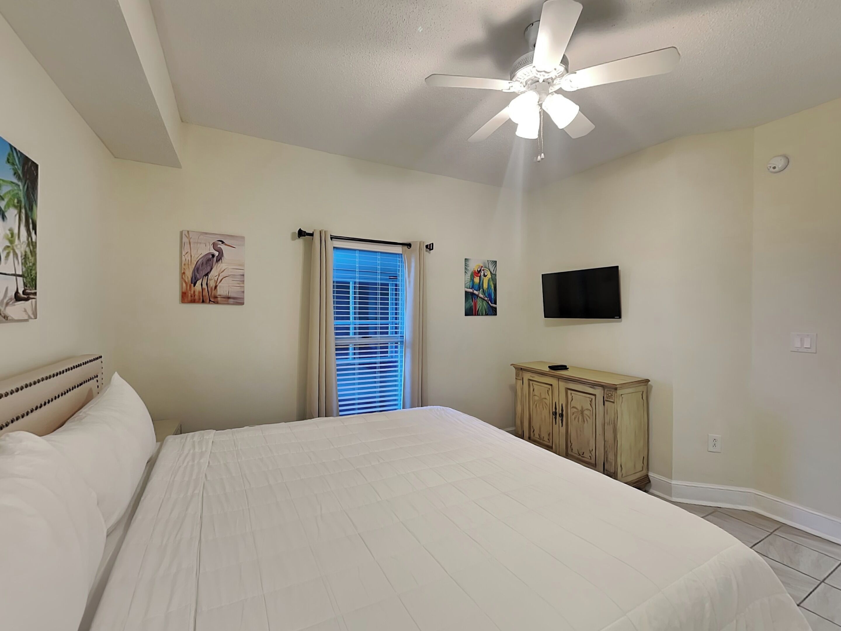 A bedroom with a bed, a ceiling fan, a TV, and a window with blinds.