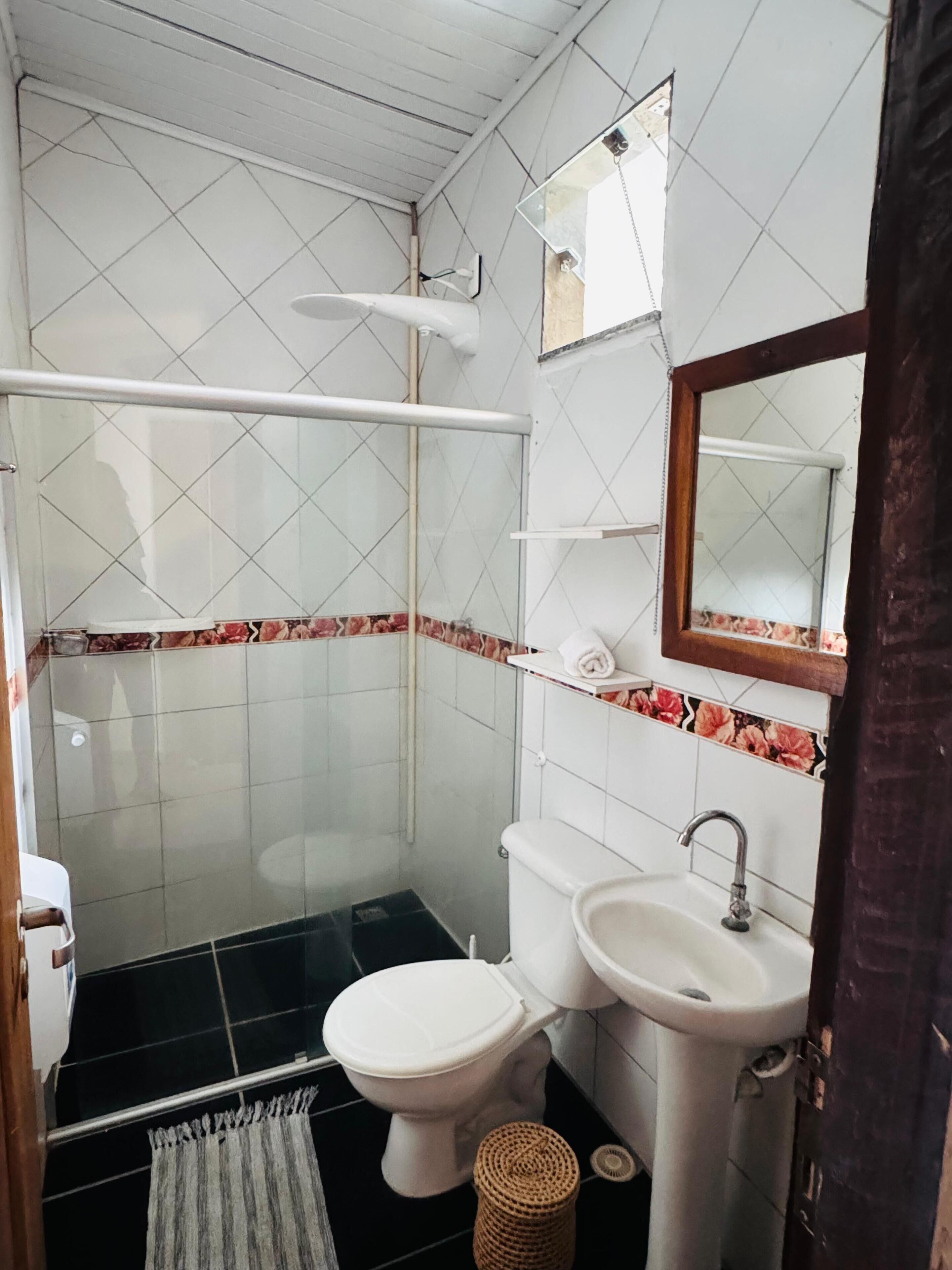 A bathroom with a shower, toilet, sink, and a mirror.