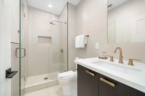Hair dryer, towels, soap, shampoo