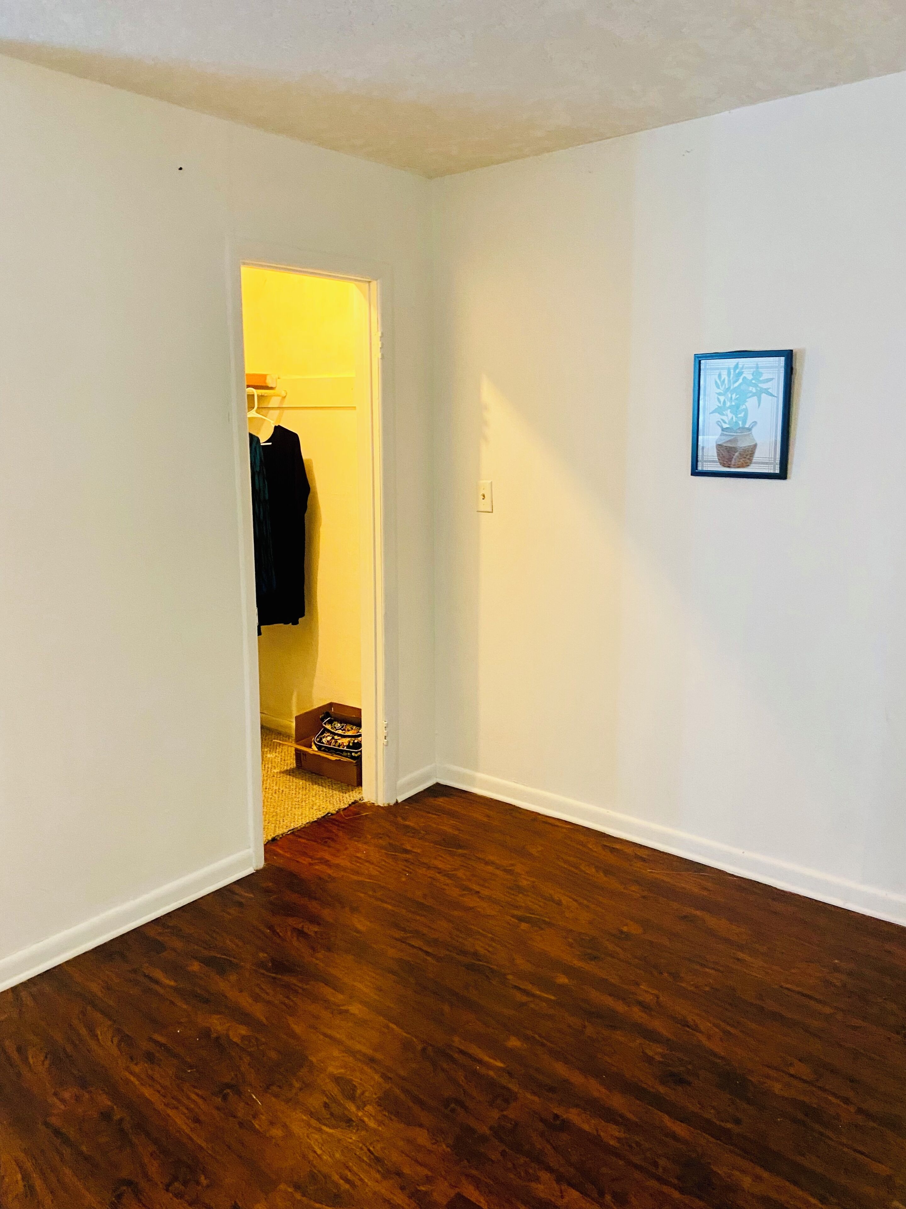 A room with hardwood flooring, a white door leading to another room, and a framed picture on the wall.