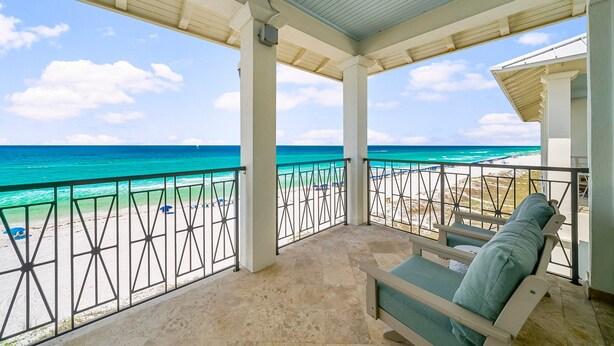 A covered balcony with a view of the beach and ocean. - BellaVista on the Beach*HotTub*Gulf Front*3 Patios (Miramar Beach)