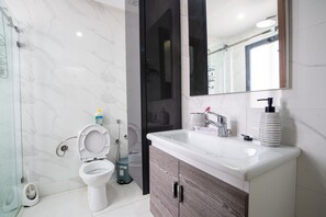 Douche, séchoir à cheveux, serviettes fournies, savon