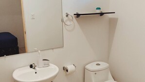 Ett litet, rent badrum med ett vitt handfat, en toalett och en spegel.