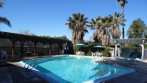A swimming pool with lounge chairs and umbrellas, surrounded by palm trees and a covered seating area. - Elsinore Hot Springs & Lodge (Lake Elsinore)