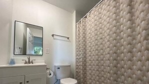 Une salle de bain avec des toilettes, un lavabo avec un miroir et un rideau de douche.