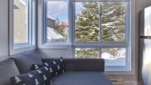 A room with a grey sofa, a large window with a view of snow-covered trees, and a white ceiling. - Cozy Chalet in the Mont Tremblant Ski Village (Mont-Tremblant)