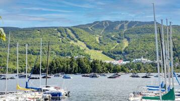 A marina with multiple sailboats docked, surrounded by lush green hills and a clear sky.