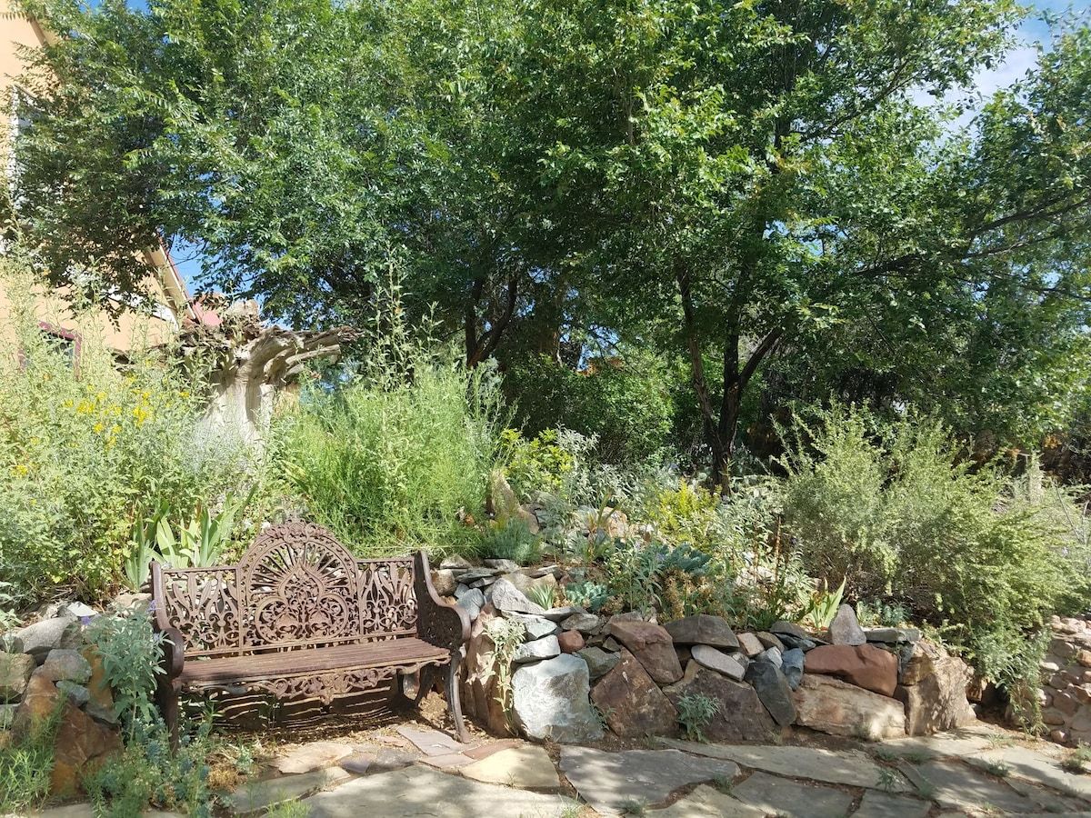 A bench in a garden with a stone wall and various plants.