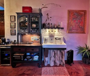 Kitchenette with mini frig, coffee station, 2 burner, convection/toaster oven, dishes, pots and condiments to boot. - The Cerrillos Manor Carriage House Hot tub Romance (Los Cerrillos)