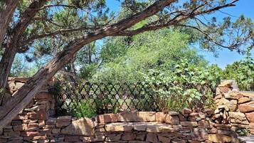 A stone wall with a metal fence, surrounded by trees and vegetation.