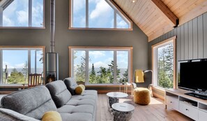 TV, fireplace - Shack Saison - Vue sur le fleuve avec Spa (Petite-Rivière-Saint-François)