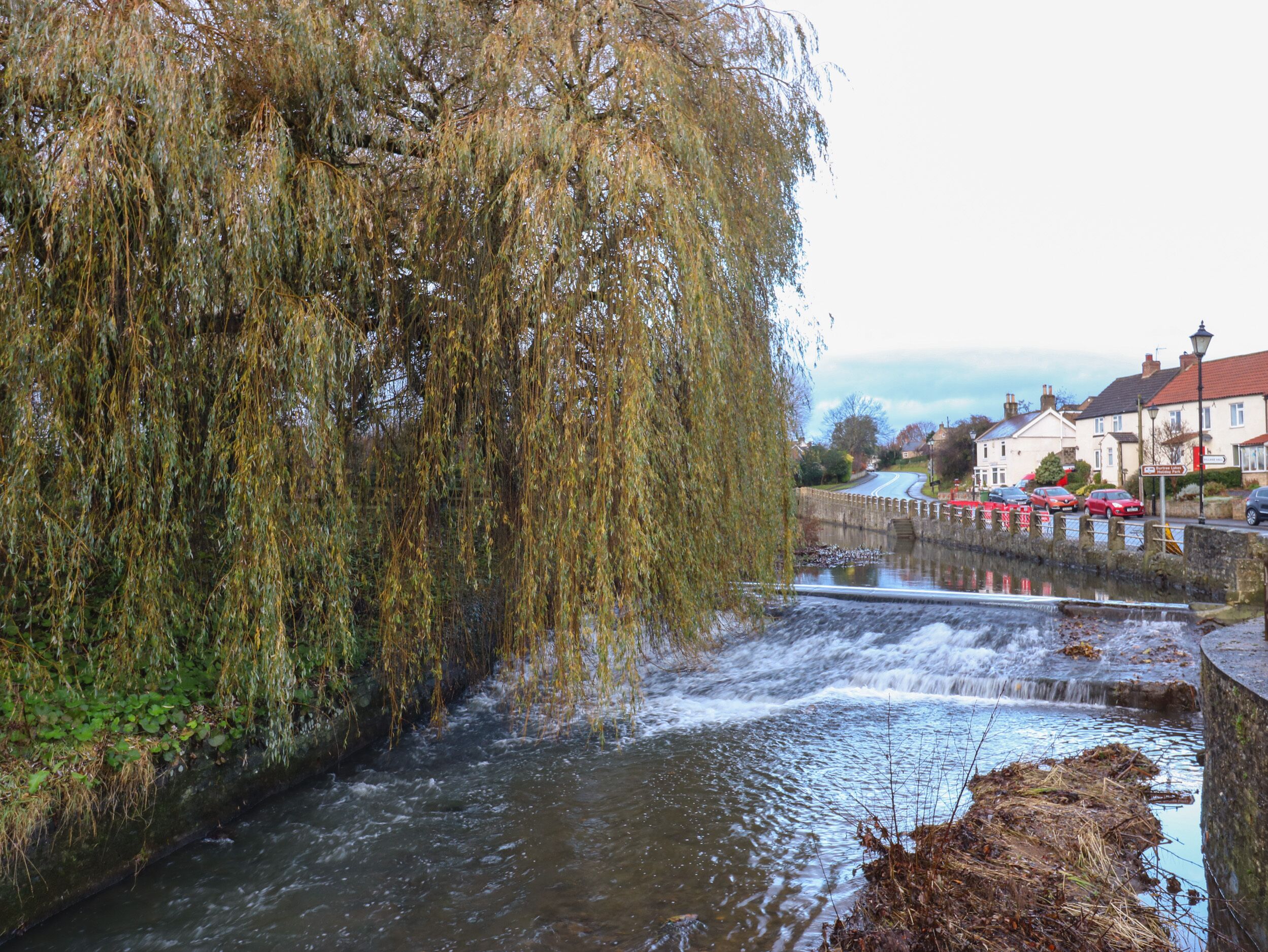 Un riu amb un salzeda a l'esquerra, un pont de pedra al centre i cases al fons.