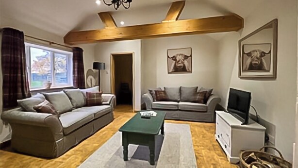 A living room with two sofas, a coffee table, a TV, and artwork on the walls. - 1 bedroom accommodation in Adversane, near Billingshurst (Adversane, near Billingshurst)