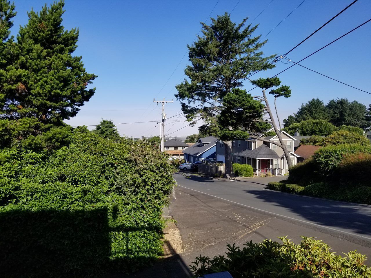 A residential street with houses, a clear sky, and power lines.