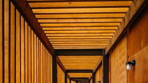 Un pasillo con paredes y piso de madera que conduce a un interior oscuro.