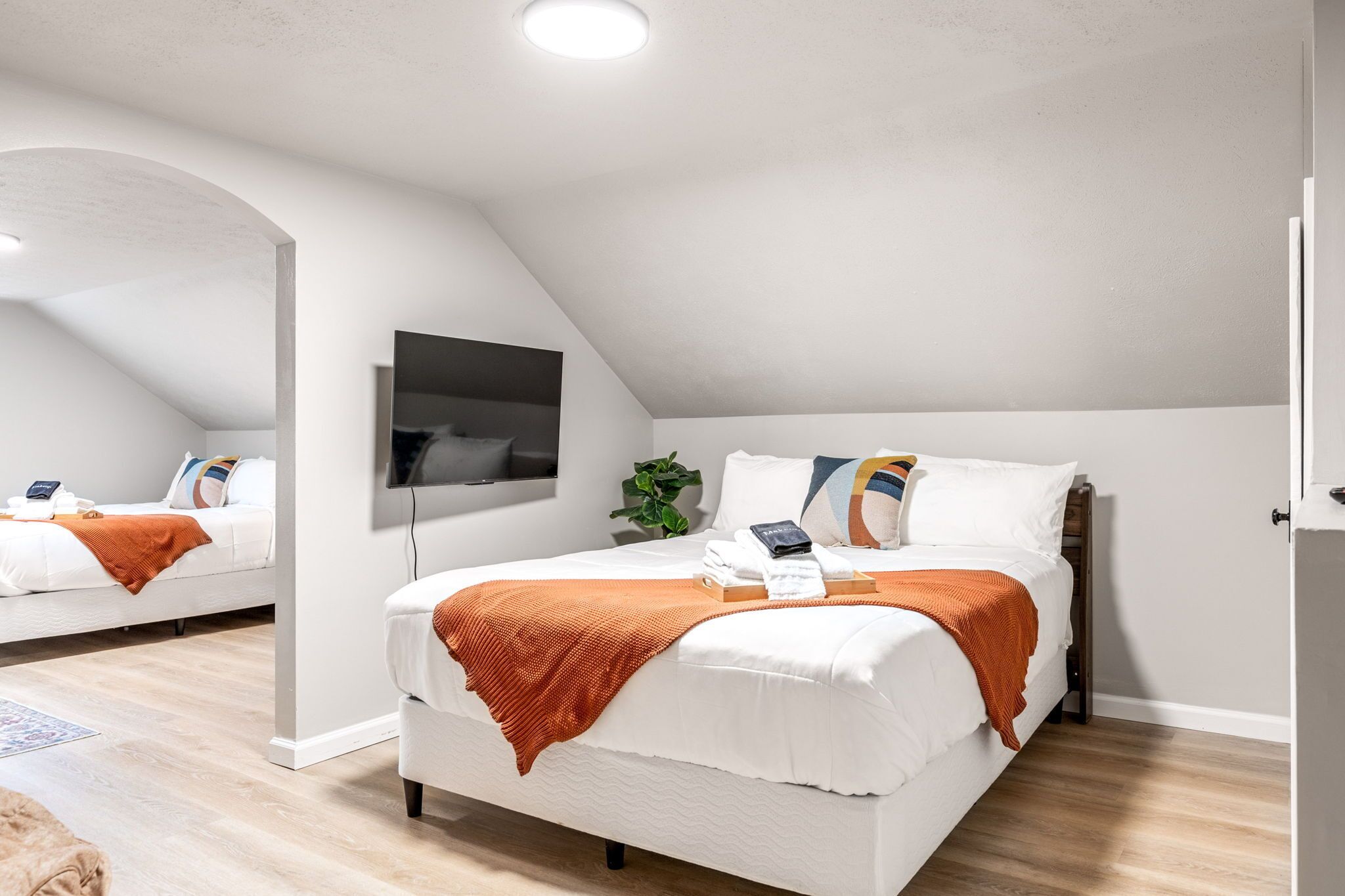 A modern bedroom with a bed, a TV mounted on the wall, and a plant.