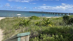 A beach with a pier extending into the ocean, surrounded by greenery and a clear sky.