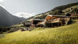 A modern house with a large deck, surrounded by a grassy field and mountains in the background.