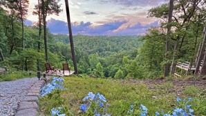 Ein gepflasterter Weg führt zu einer Sitzgruppe mit Bänken, umgeben von üppiger Vegetation und blauen Blumen.
