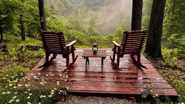 Eine Holzterrasse mit zwei Schaukelstühlen und einem Tisch, umgeben von Grünpflanzen und Blick auf einen Wald.